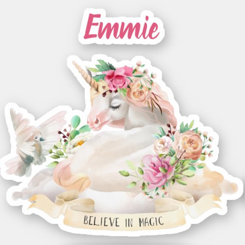 Cute Girly White Unicorn Believe Magic Name Sticker