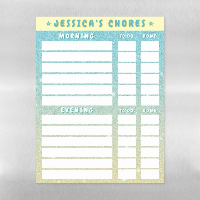 Cute Girly Yellow Blue Glitter Kids Daily Chores  Magnetic Dry Erase Sheet (Vertical)