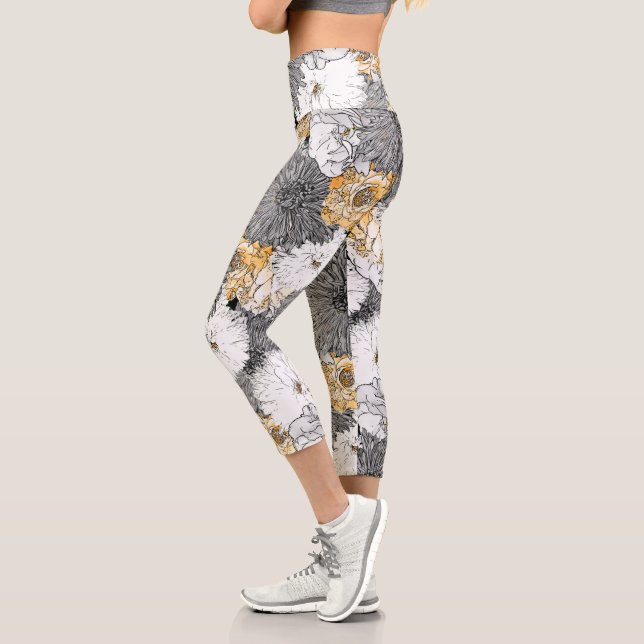 Cute Girly Yellow & Gray Floral Illustration Capri Leggings (Left)
