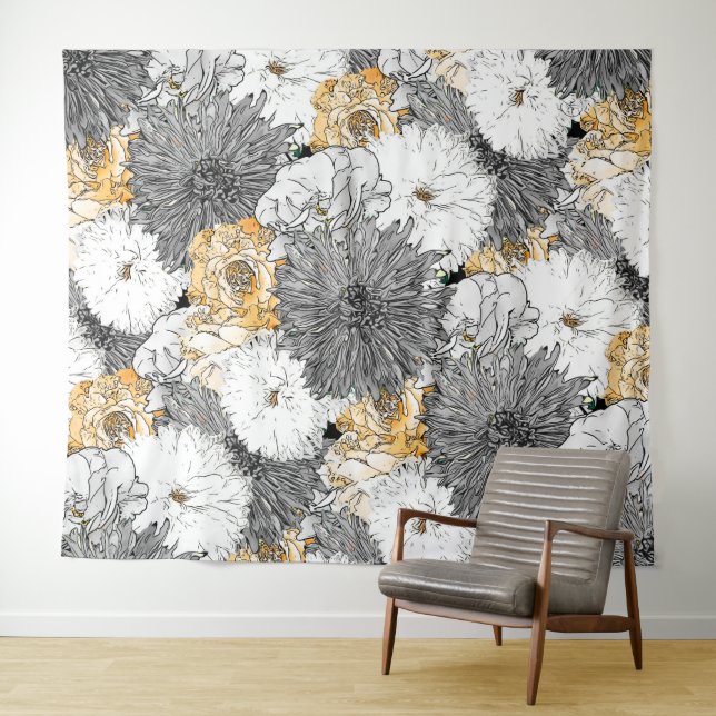 Cute Girly Yellow & Gray Floral Illustration Tapestry (In Situ (Horizontal))