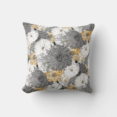 Cute Girly Yellow  Gray Floral Illustration Throw Pillow