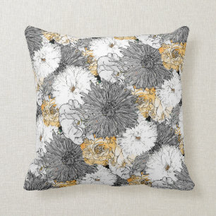Cute Girly Yellow & Gray Floral Illustration Throw Pillow