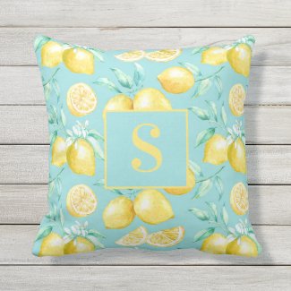 Cute Girly Yellow Lemon Pattern Blue Monogram Outdoor Pillow