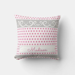 Cute Girly Your Name Pink & Gray Swirls & Squares Throw Pillow