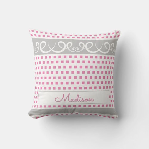 Cute Girly Your Name Pink  Gray Swirls  Squares Throw Pillow