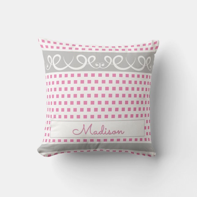 Cute Girly Your Name Pink & Gray Swirls & Squares Throw Pillow (Front)