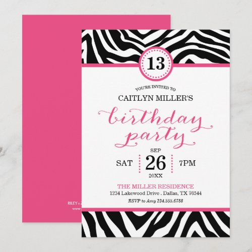 Cute Girly Zebra Print Birthday Party Invitation
