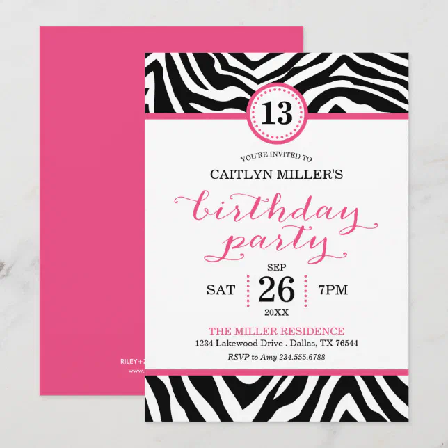 Cute Girly Zebra Print Birthday Party Invitation | Zazzle