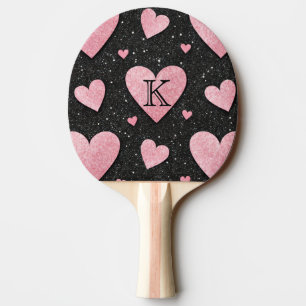 Cute Glam Pink Hearts on Black Glitter Monogram Ping Pong Paddle