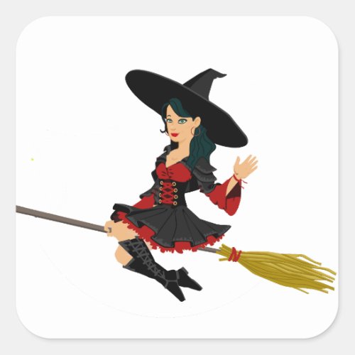 Cute Glamorous Broom Witch Cartoon Square Sticker