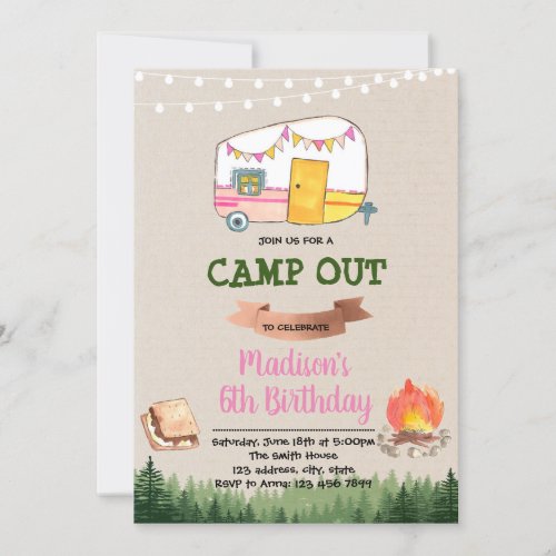 Cute glamping party birthday invitation