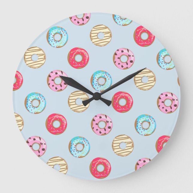 Cute Glazed Donut Pattern Light Blue Large Clock (Front)