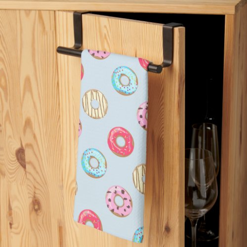 Cute Glazed Doughnut Pattern Light Blue Kitchen Towel