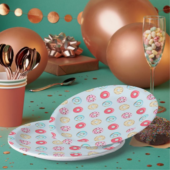 Cute Glazed Doughnut Pattern Light Blue Paper Plates (Multi)