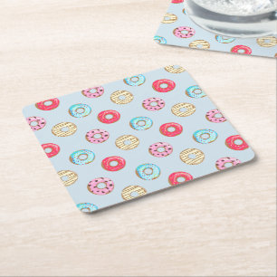 Cute Glazed Doughnut Pattern Light Blue Square Paper Coaster