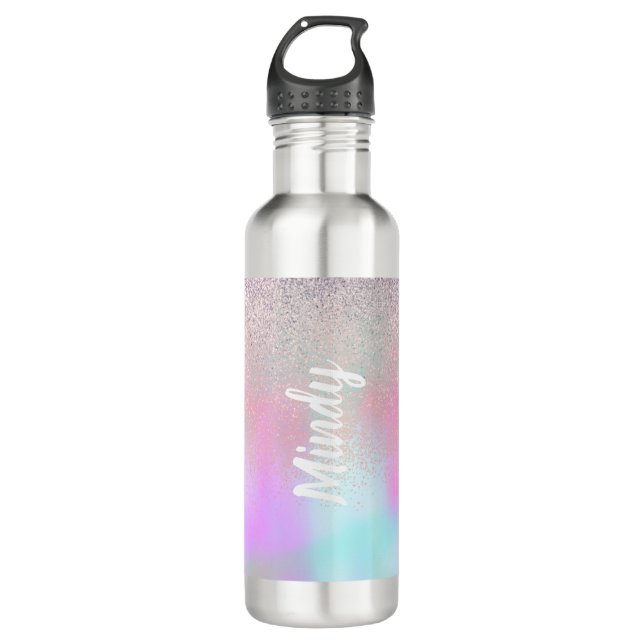 Cute Glitter and Sparkles Faux Hologram  Stainless Steel Water Bottle (Front)
