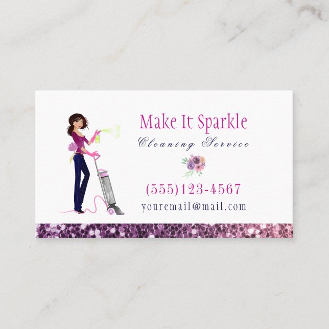 Cute Glitter Cartoon Maid Cleaning Services Business Card (Front)