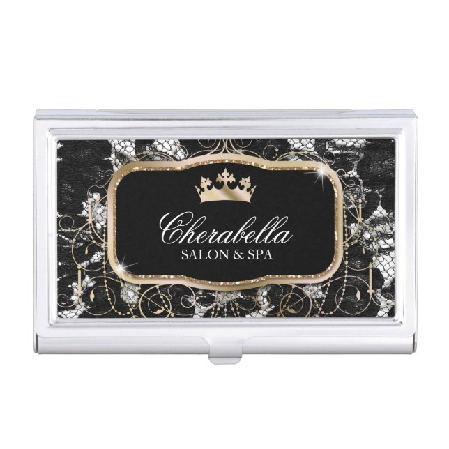 Cute Glitter Crown Monogram Chandelier Lace Business Card Holder (Front)