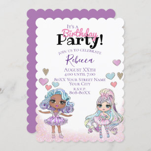 Cute Glitter Dolls and Hearts Girl Party Invitation