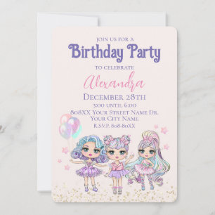 Cute Glitter Dolls Girl's Birthday Party Invitation
