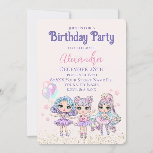 Cute Glitter Dolls Girls Birthday Party Invitation