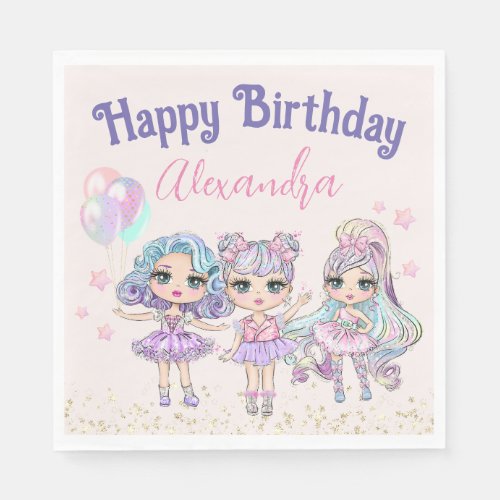 Cute Glitter Dolls Girls Birthday Party Napkins