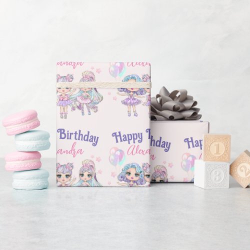 Cute Glitter Dolls Girls Birthday Wrapping Paper
