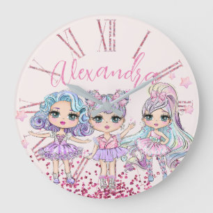 Cute Glitter Dolls Girl's Name on Pink Large Clock