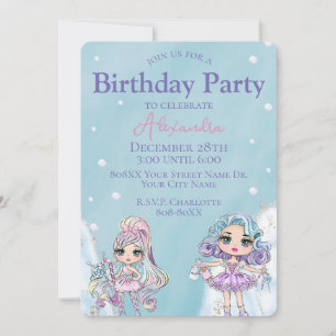 Cute Glitter Dolls Girl's Winter Birthday Invitation