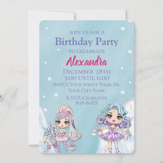 Cute Glitter Dolls Girl's Winter Birthday Invitation (Front)