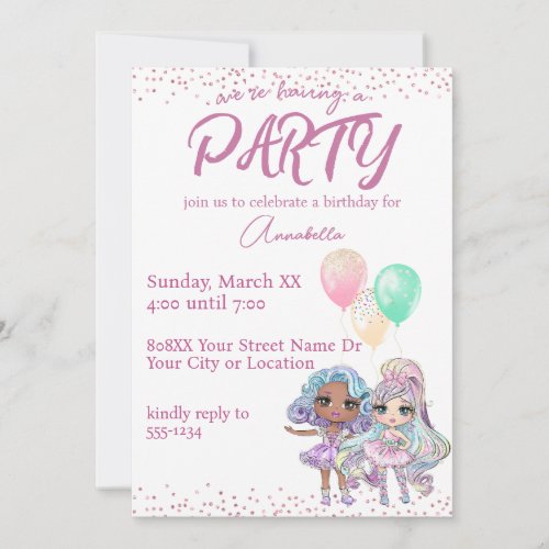 Cute Glitter Girl Dolls with Balloons Invitation