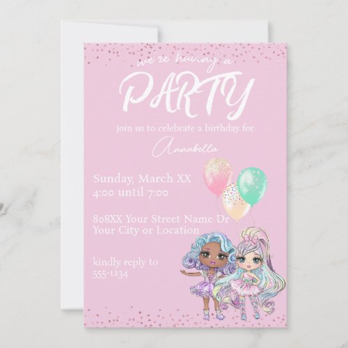 Cute Glitter Girl Dolls with Balloons on Pink Invitation