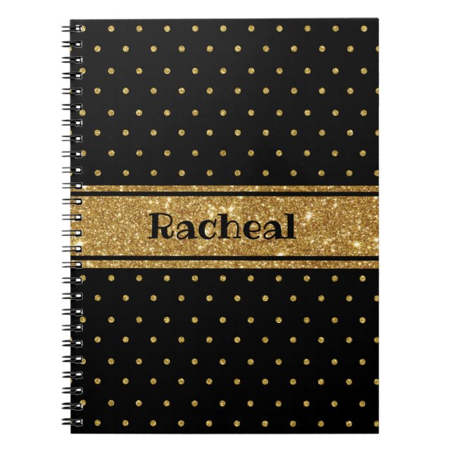 Cute Glitter Gold Polka Dots Personalized Name Notebook (Front)