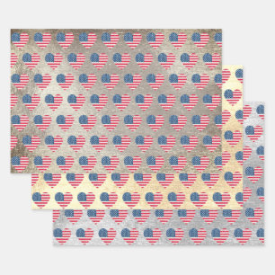   Cute Glitter Hearts Patriotic American USA Flag  Wrapping Paper Sheets