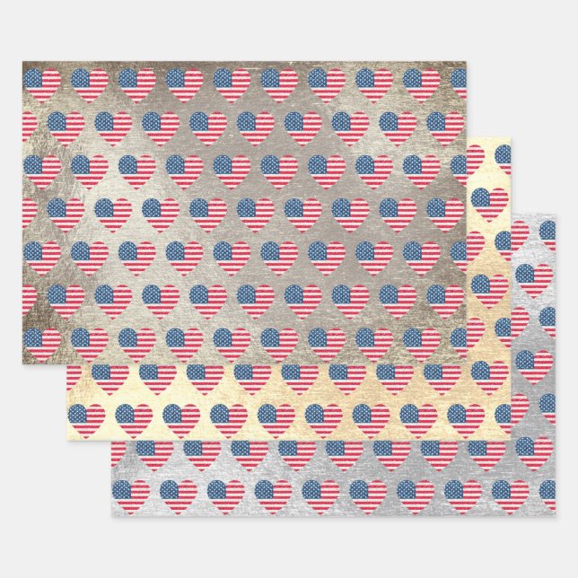   Cute Glitter Hearts Patriotic American USA Flag  Wrapping Paper Sheets (Set)