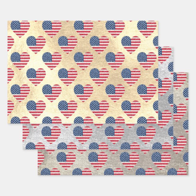   Cute Glitter Hearts Patriotic American USA Flag  Wrapping Paper Sheets (Set)