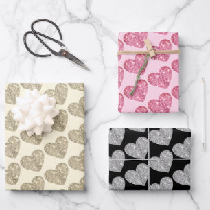 Cute Glitter Hearts Pink Black Beige Wrapping Paper Sheets