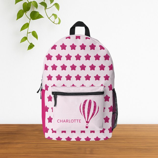 Cute Glitter Hot Pink Back to school  Printed Backpack (Cute Glitter Pink Stars and Hot Balloon Girly Backpack (Front))