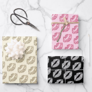 Cute Glitter Lips Kiss Pink Beige Black Wrapping Paper Sheets