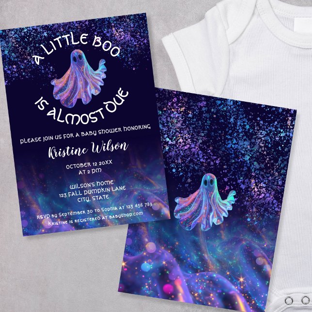 Cute Glitter Little Boo is Almost Due Baby Shower Invitation (cute holographic ghost)
