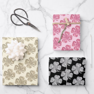 Cute Glitter Lucky Clover Pink Black Beige Wrapping Paper Sheets