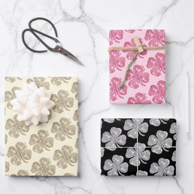 Cute Glitter Lucky Clover Pink Black Beige Wrapping Paper Sheets (Front)