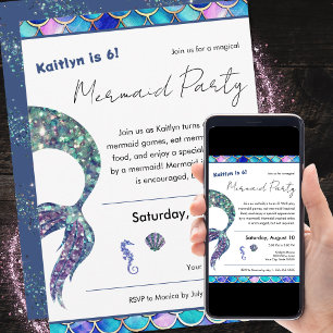 Cute Glitter Mermaid Girls Birthday Party Invitation