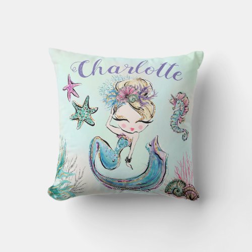 Cute Glitter Mermaid with Blonde Hair Custom Name Throw Pillow