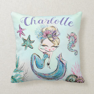 Cute Glitter Mermaid with Blonde Hair Custom Name Throw Pillow