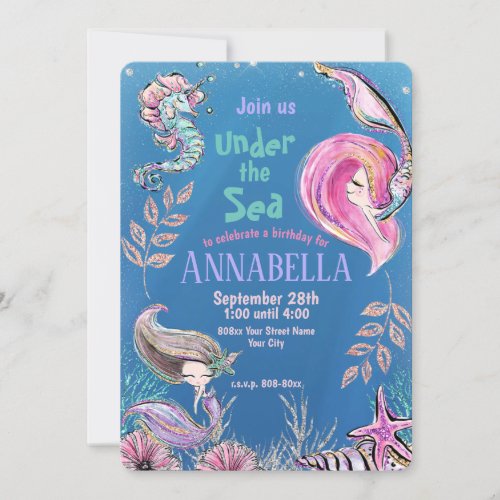 Cute Glitter Mermaids Under the Sea Party Invitation