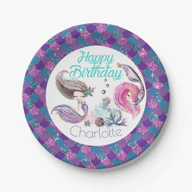 Cute Glitter Mermaids with Custom Name Paper Plates (Front)