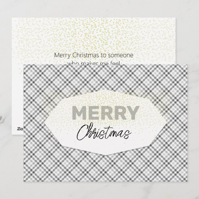 Cute Glitter Merry Christmas Tartan Gray White Holiday Card (Front/Back)