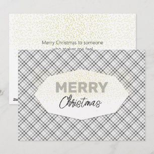 Cute Glitter Merry Christmas Tartan Gray White Holiday Card