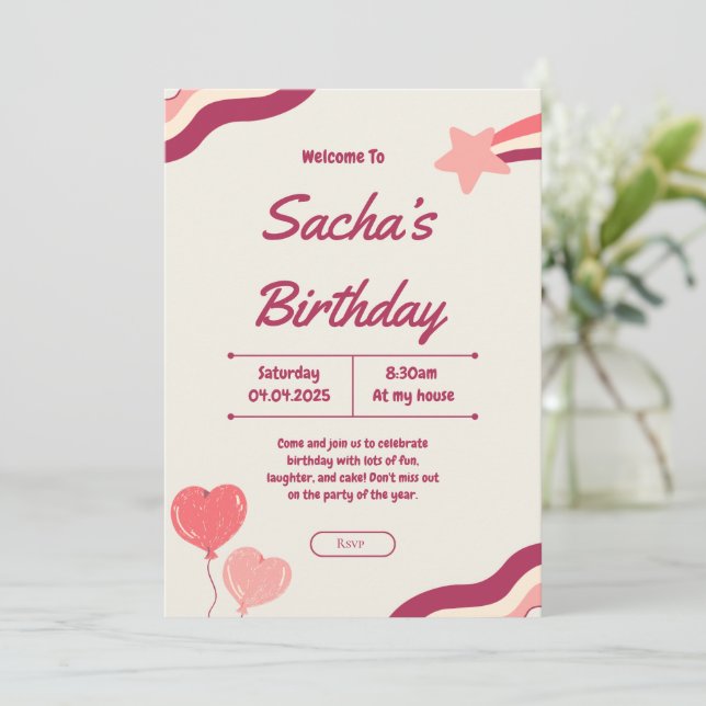 cute glitter pink girly birthday invitation (Standing Front)